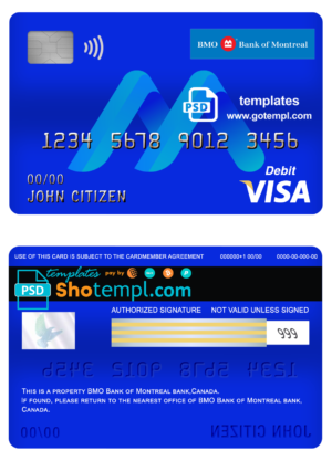 editable template, Canada BMO Bank of Montreal bank visa card debit card template in PSD format, fully editable