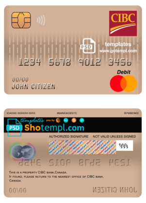 editable template, Canada CIBC bank mastercard debit card template in PSD format, fully editable