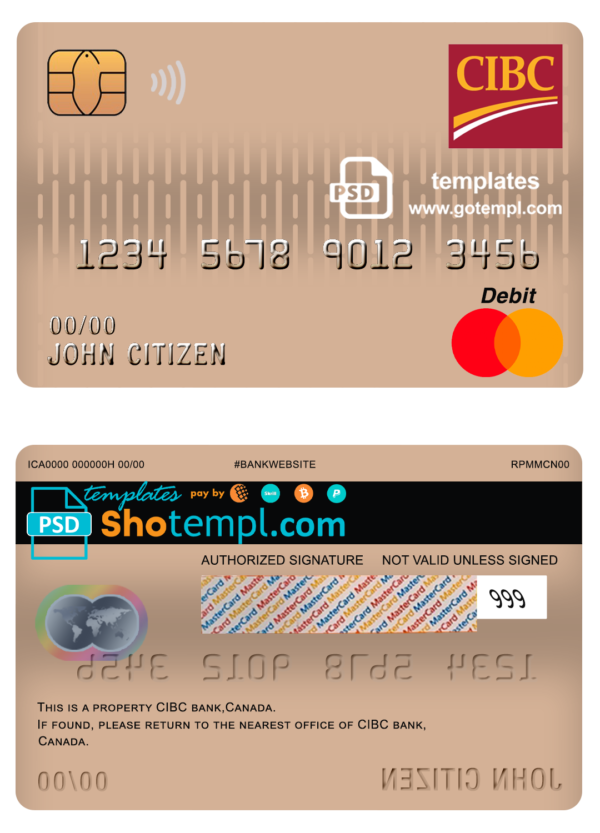 editable template, Canada CIBC bank mastercard debit card template in PSD format, fully editable