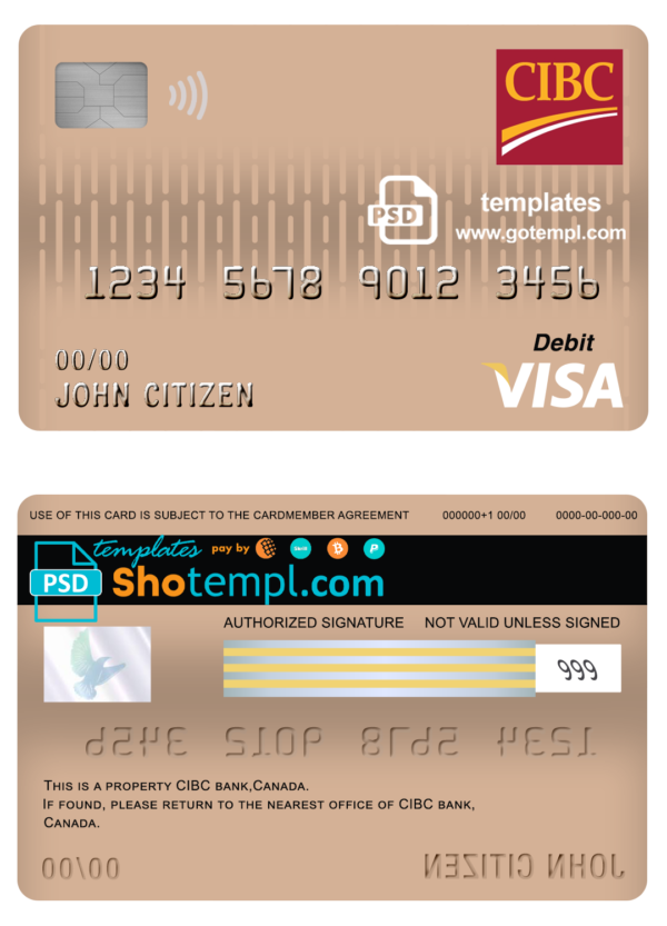 editable template, Canada CIBC bank visa card debit card template in PSD format, fully editable