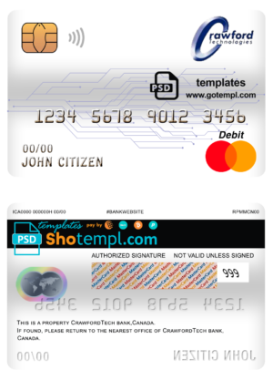 editable template, Canada CrawfordTech bank mastercard debit card template in PSD format, fully editable