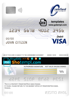 editable template, Canada CrawfordTech bank visa card debit card template in PSD format, fully editable
