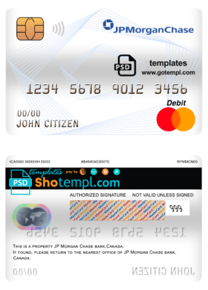 editable template, Canada JP Morgan Chase bank mastercard debit card template in PSD format, fully editable