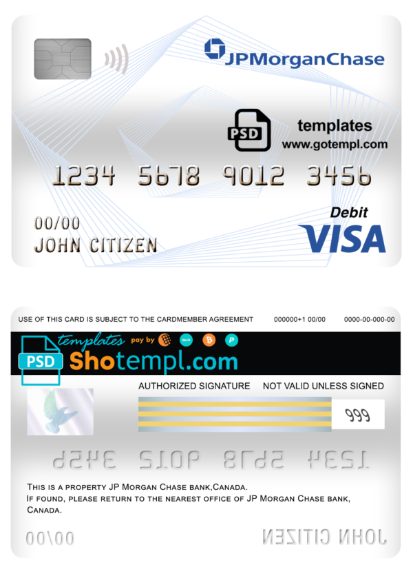 editable template, Canada JP Morgan Chase bank visa card debit card template in PSD format, fully editable