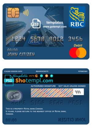editable template, Canada Royal Bank of Canada (RBC) bank mastercard debit card template in PSD format, fully editable