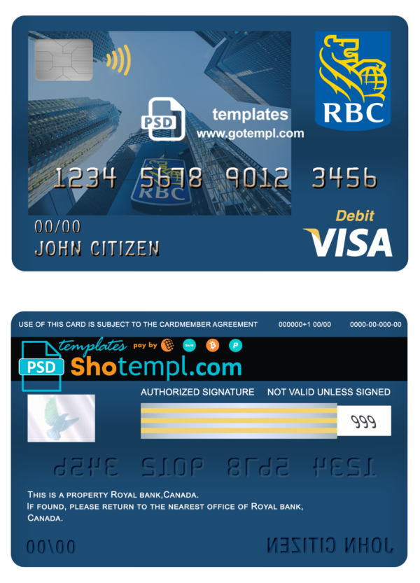 editable template, Canada Royal Bank of Canada (RBC) bank visa card debit card template in PSD format, fully editable