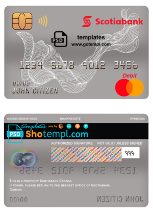 editable template, Canada Scotiabank bank mastercard debit card template in PSD format, fully editable