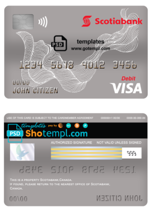 editable template, Canada Scotiabank bank visa card debit card template in PSD format, fully editable