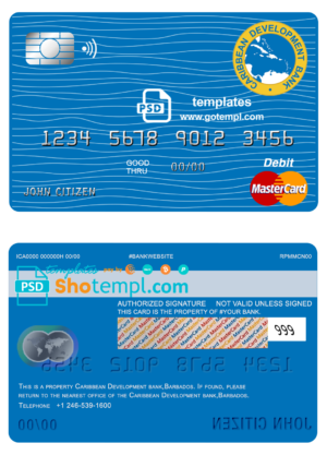 editable template, Barbados Caribbean Development Bank mastercard debit card template in PSD format, fully editable
