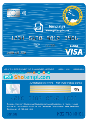 editable template, Barbados Caribbean Development Bank visa card debit card template in PSD format, fully editable