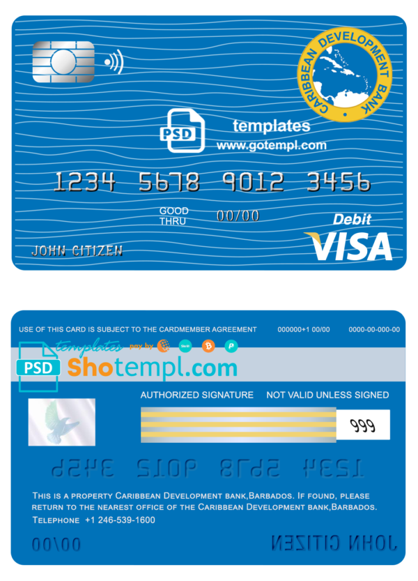 editable template, Barbados Caribbean Development Bank visa card debit card template in PSD format, fully editable