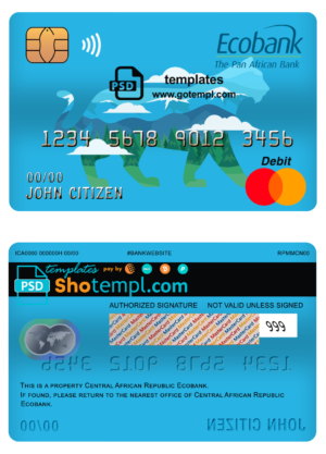 editable template, Central African Republic Ecobank mastercard debit card template in PSD format, fully editable