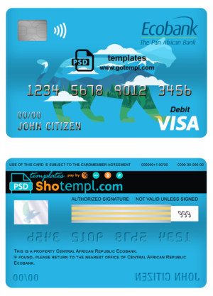 editable template, Central African Republic Ecobank visa card debit card template in PSD format, fully editable