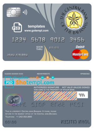 editable template, Bahamas The Central bank mastercard debit card template in PSD format, fully editable