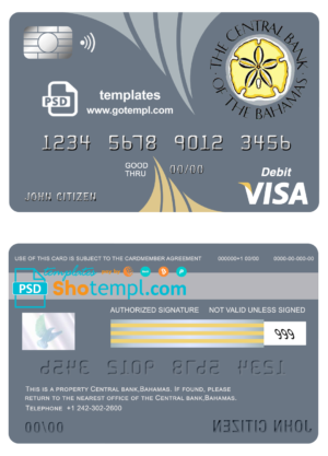 editable template, Bahamas The Central bank visa card debit card template in PSD format, fully editable