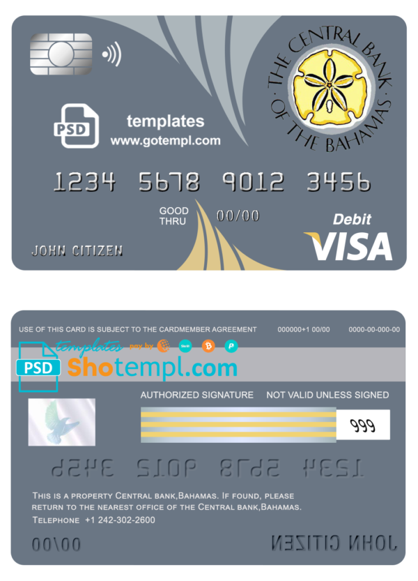 editable template, Bahamas The Central bank visa card debit card template in PSD format, fully editable