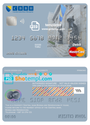 editable template, Bosnia and Herzegovina Central Bank mastercard debit card template in PSD format, fully editable