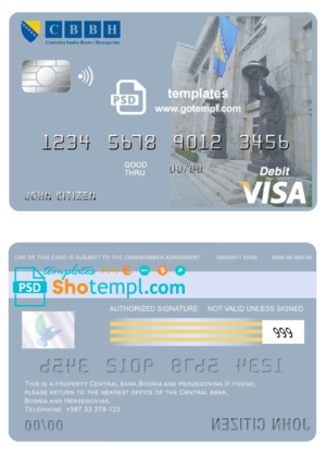 editable template, Bosnia and Herzegovina Central Bank visa card debit card template in PSD format, fully editable