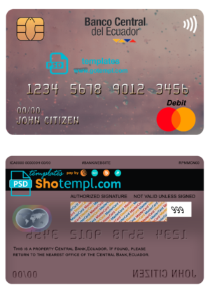 editable template, Ecuador Central Bank mastercard debit card template in PSD format, fully editable