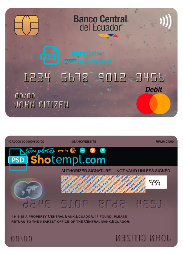 editable template, Ecuador Central Bank mastercard debit card template in PSD format, fully editable