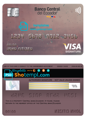 editable template, Ecuador Central Bank visa signature card template in PSD format, fully editable