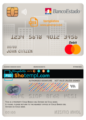 editable template, Chile Banco del Estado de Chile bank mastercard debit card template in PSD format, fully editable