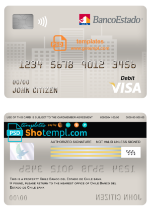 editable template, Chile Banco del Estado de Chile bank visa card debit card template in PSD format, fully editable