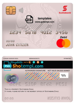 editable template, Chile Scotiabank bank mastercard debit card template in PSD format, fully editable