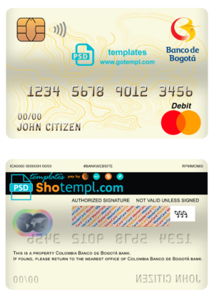 editable template, Colombia Banco de Bogotá bank mastercard debit card template in PSD format, fully editable