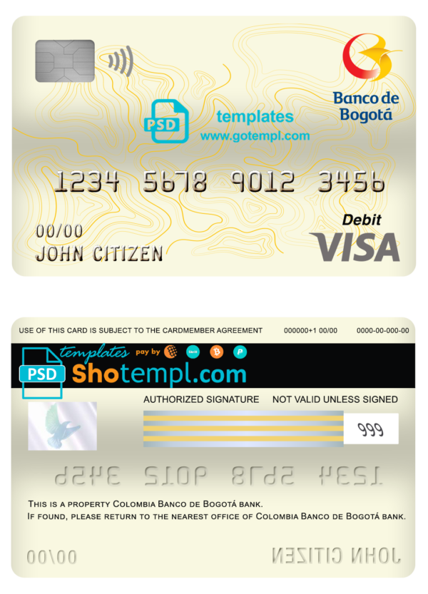 editable template, Colombia Banco de Bogotá bank visa card debit card template in PSD format, fully editable