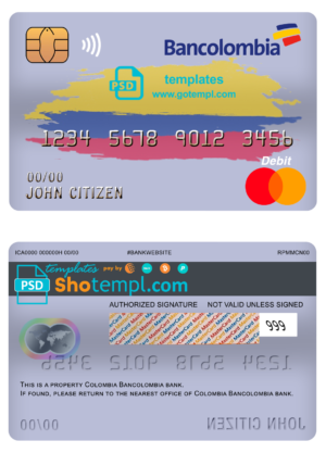 editable template, Colombia Bancolombia bank mastercard debit card template in PSD format, fully editable