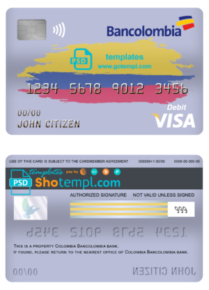 editable template, Colombia Bancolombia bank visa card debit card template in PSD format, fully editable