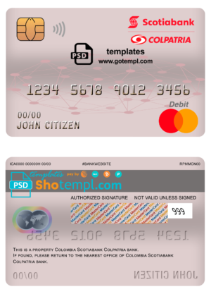 editable template, Colombia Scotiabank Colpatria bank mastercard debit card template in PSD format, fully editable