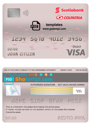 editable template, Colombia Scotiabank Colpatria bank visa card debit card template in PSD format, fully editable