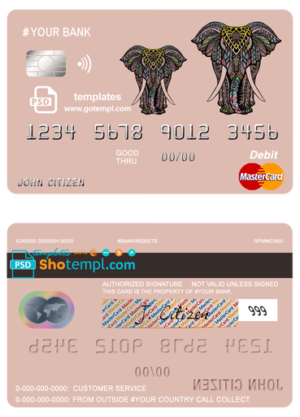 editable template, # colored elephant multipurpose bank mastercard debit credit card template in PSD format, fully editable