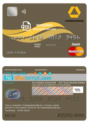 editable template, Belize Commerzbank mastercard debit card template in PSD format, fully editable