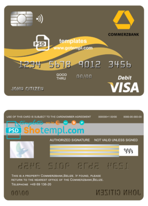 editable template, Belize Commerzbank visa card debit card template in PSD format, fully editable