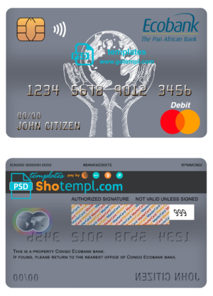 editable template, Congo Ecobank bank mastercard debit card template in PSD format, fully editable