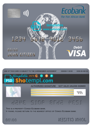 editable template, Congo Ecobank bank visa card debit card template in PSD format, fully editable