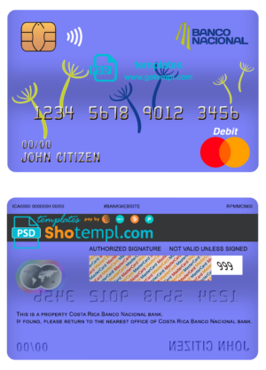 editable template, Costa Rica Banco Nacional de Costa Rica mastercard debit card template in PSD format, fully editable