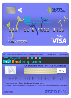 editable template, Costa Rica Banco Nacional de Costa Rica visa card debit card template in PSD format, fully editable