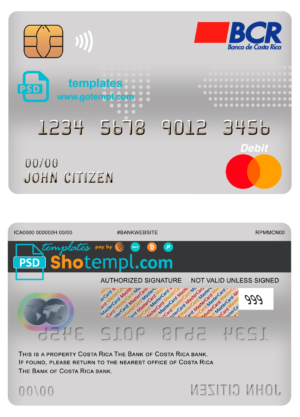 editable template, Costa Rica The Bank of Costa Rica bank mastercard debit card template in PSD format, fully editable
