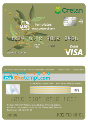 editable template, Belgium Crelan bank visa card debit card template in PSD format, fully editable