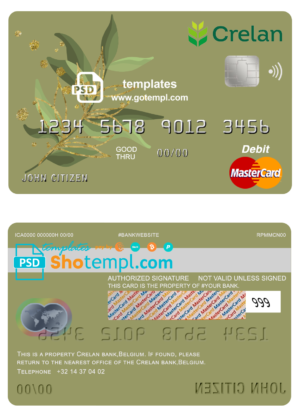 editable template, Belgium Crelan bank mastercard debit card template in PSD format, fully editable