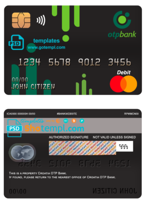 editable template, Croatia OTP bank mastercard debit card template in PSD format, fully editable