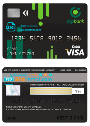 editable template, Croatia OTP bank visa card debit card template in PSD format, fully editable