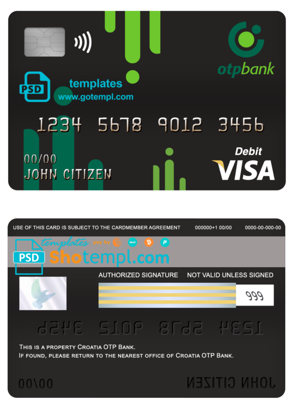editable template, Croatia OTP bank visa card debit card template in PSD format, fully editable