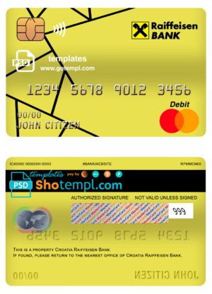 editable template, Croatia Raiffeisen bank mastercard debit card template in PSD format, fully editable