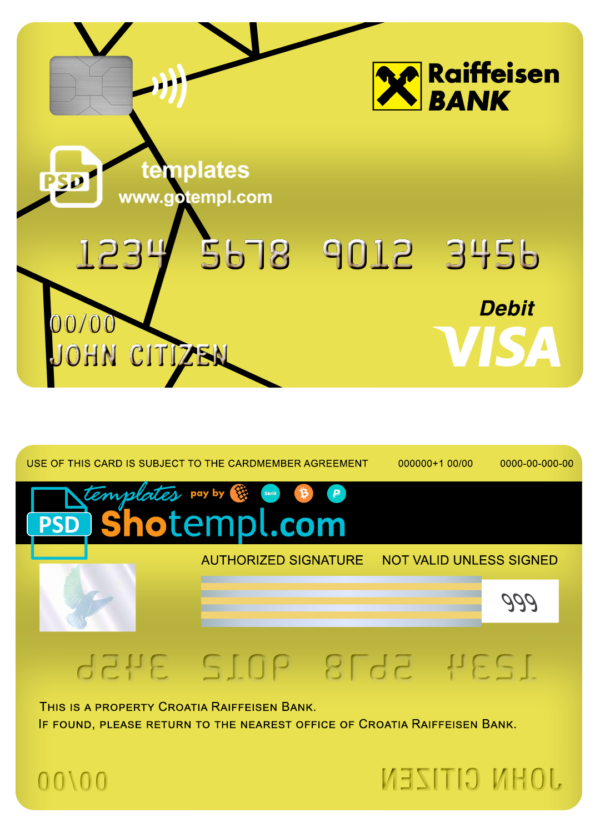 editable template, Croatia Raiffeisen bank visa card debit card template in PSD format, fully editable