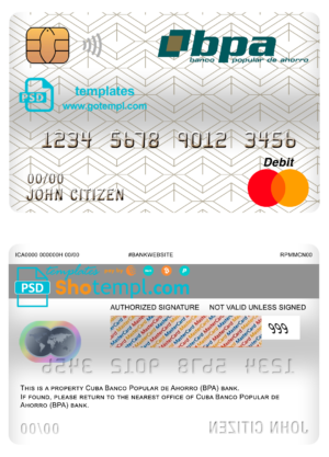 editable template, Cuba Banco Popular de Ahorro (BPA) bank mastercard debit card template in PSD format, fully editable